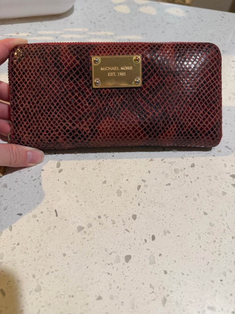 Michael Kors Burgundy Snake-Embossed Zip Wallet with Gold Plaque